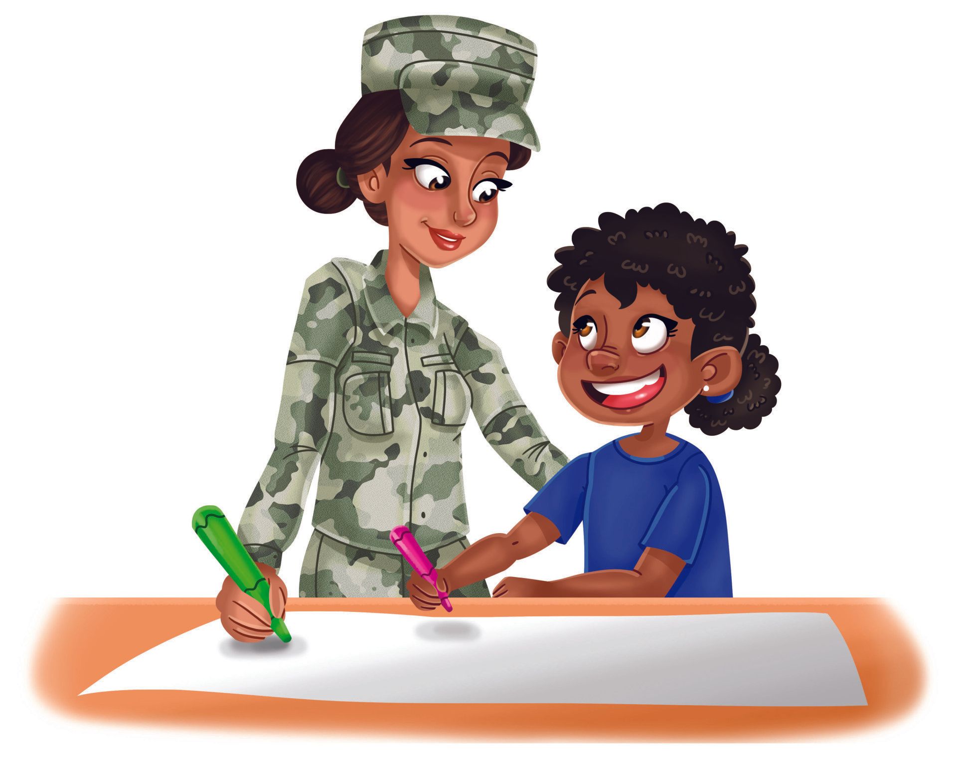 A woman in a military uniform is helping a little girl with her homework.