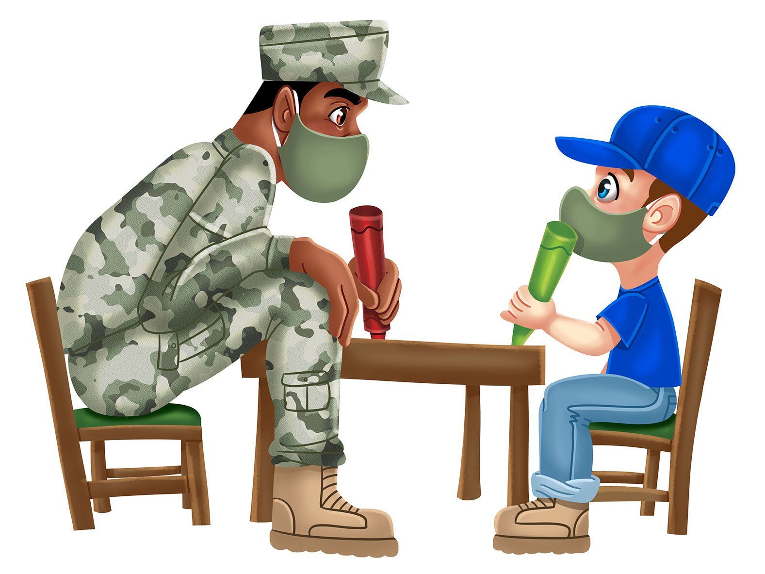 A soldier wearing a mask is sitting at a table with a boy wearing a mask.