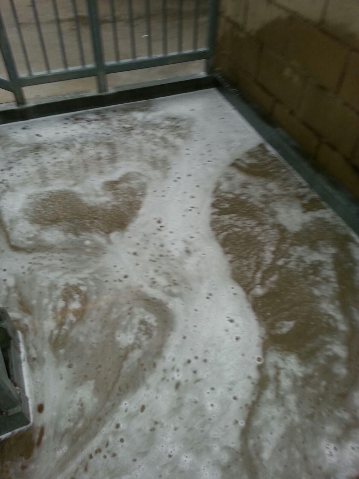 Foamy water on a brown surface, possibly a tiled floor. A metal barrier is visible in the background.