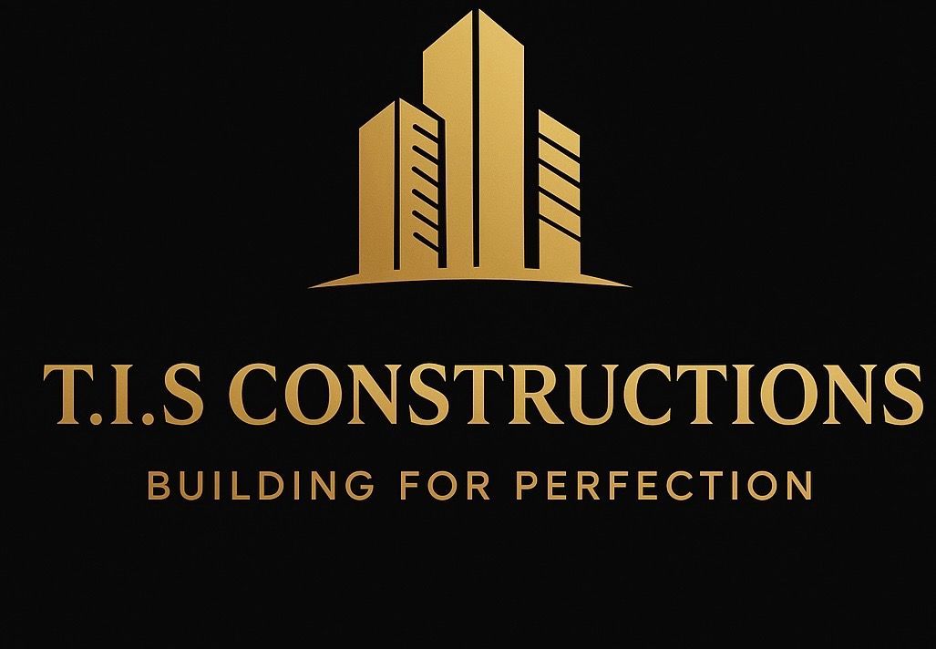 Gold logo of T.I.S Constructions: Buildings, company name, and tagline “Building for Perfection” on black background.
