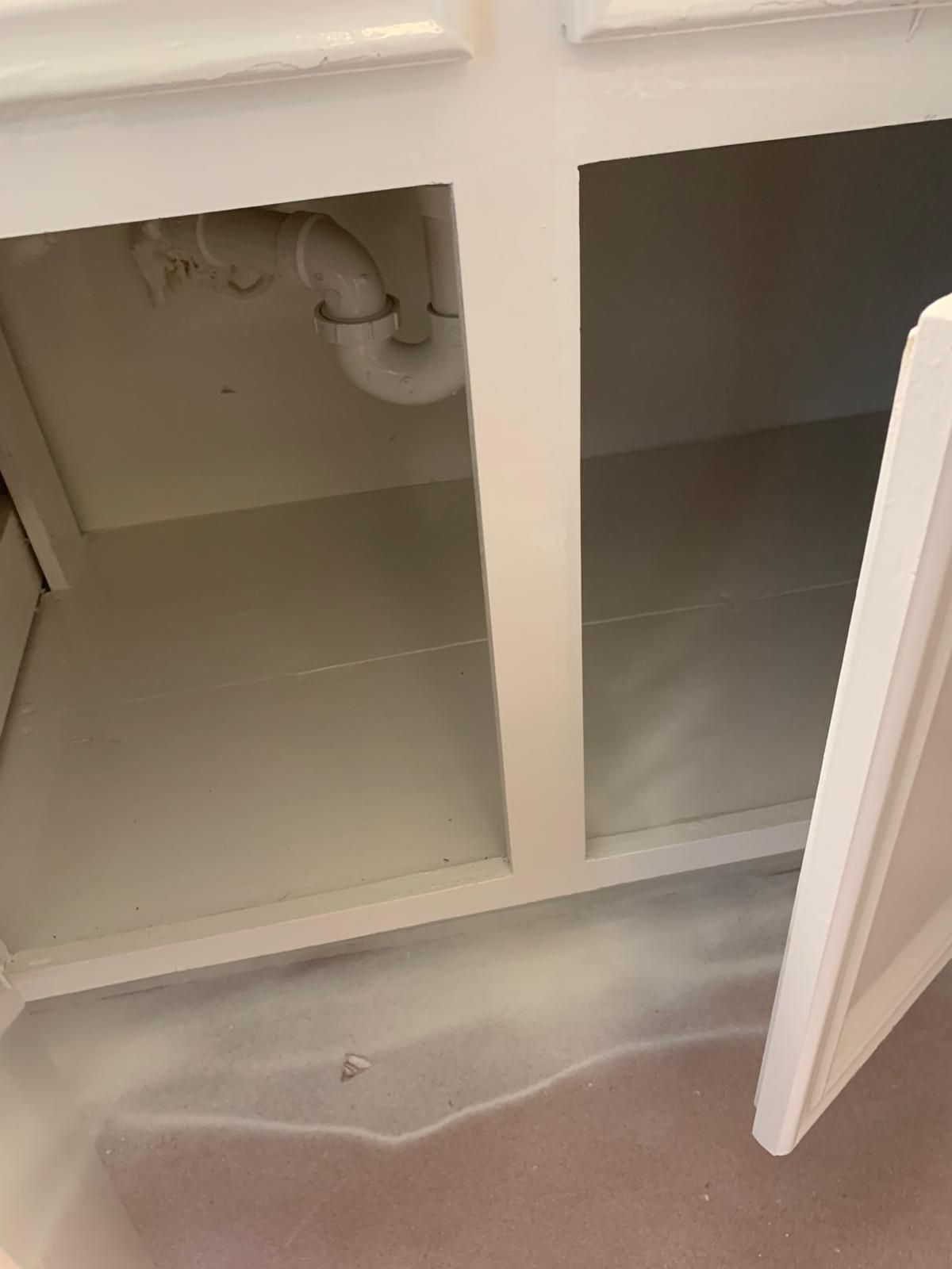 White bathroom cabinet open, revealing plumbing and a cracked floor. Door ajar.