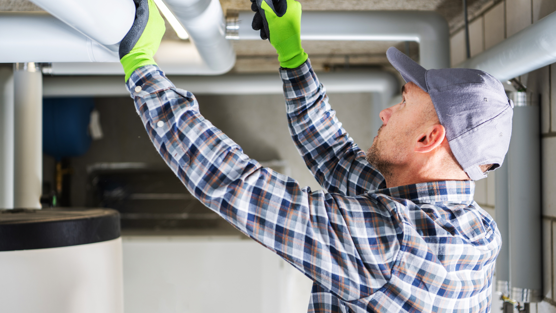 A man is working on a pipe in a basement.