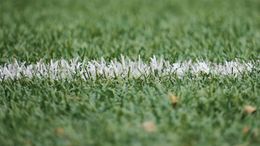 White line on a green grass field, close-up view.