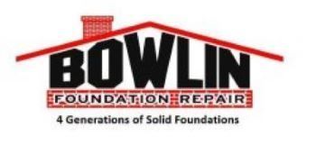The logo for bowlin foundation repair shows a house with a chimney on the roof.