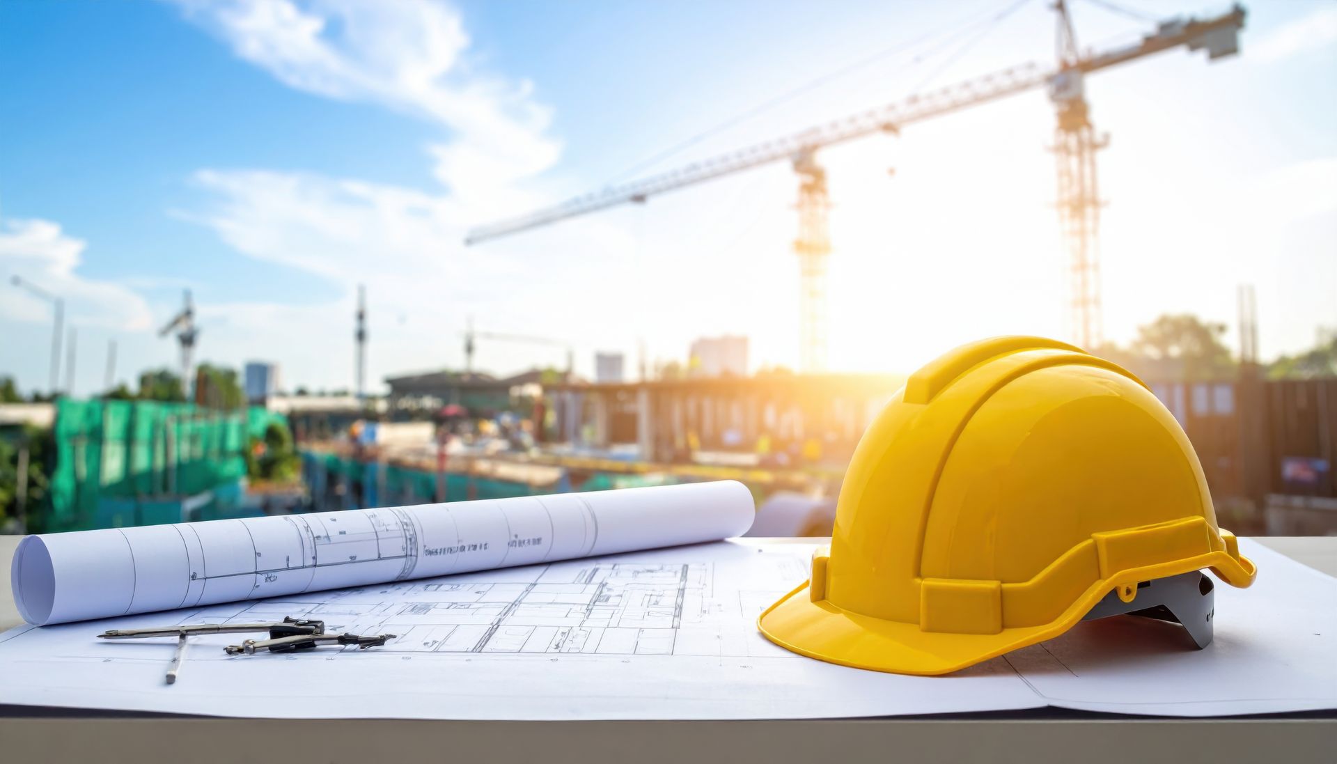 Architects plans and safety helmet at a construction site with cranes and building in background 