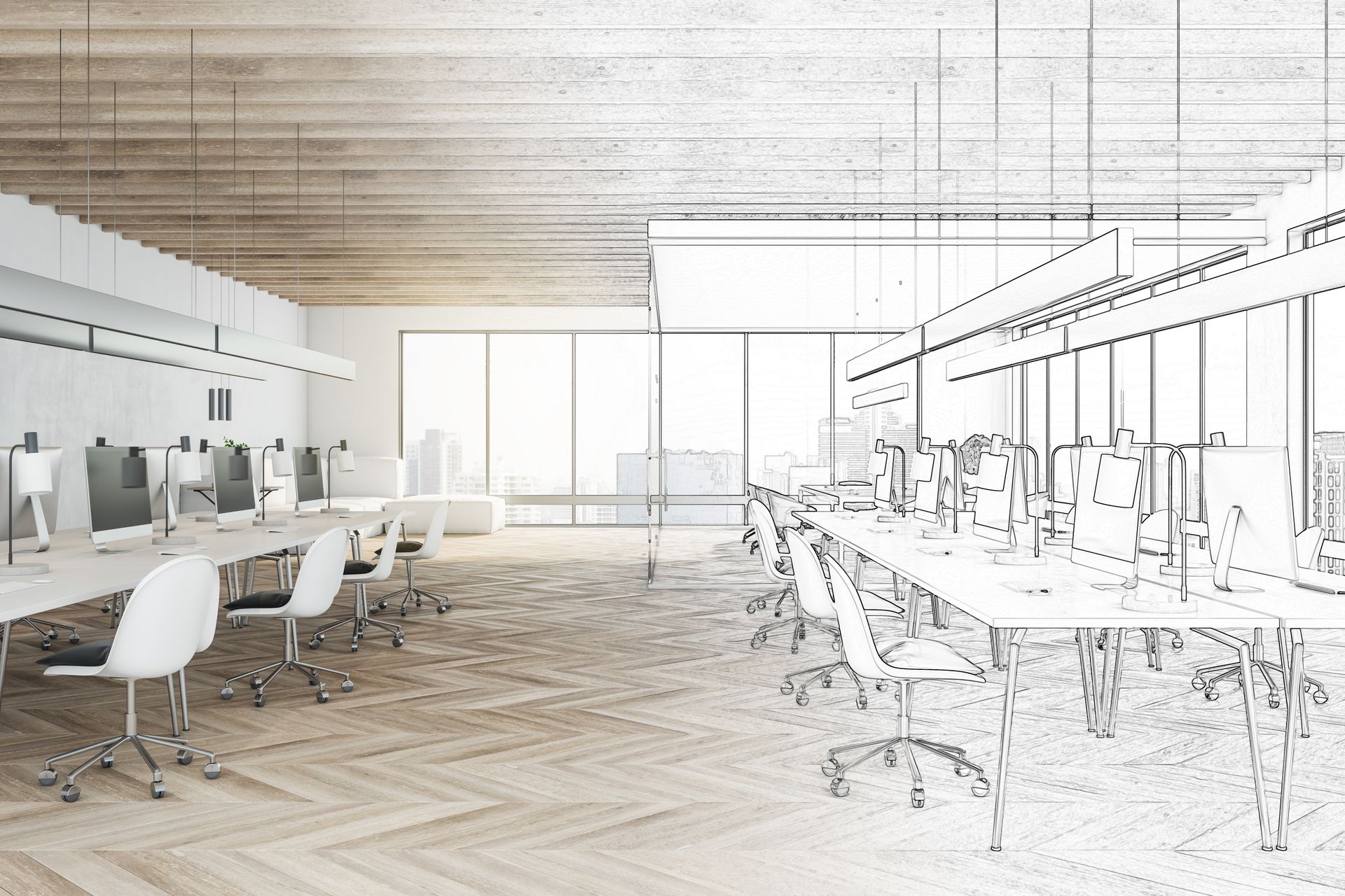 Office space showing a transition from architectural sketch to finished commercial build-out.