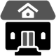 A black and white icon of a house with a birdhouse on the roof.