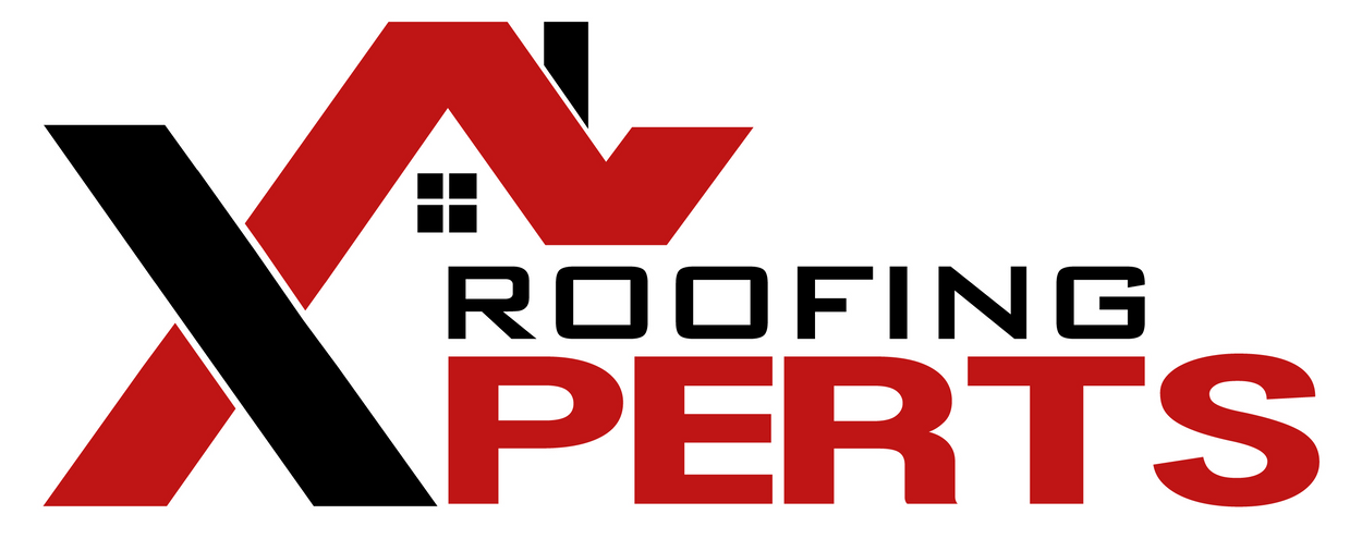 a logo for roofing experts with a house on the roof .