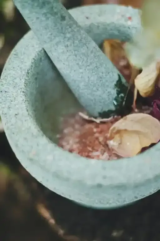 Mortaio e pestello macinano i petali, mescolando un liquido dalla tonalità rossastra.