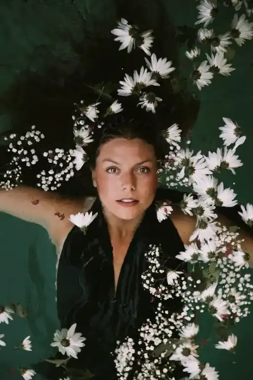 Donna che galleggia nell'acqua, circondata da margherite bianche. Indossa un top nero e guarda leggermente verso l'alto.