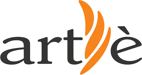 Logo Artè: testo nero con disegno arancione a forma di fiamma.