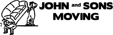 Two people carrying a couch, logo for "John and Sons Moving".