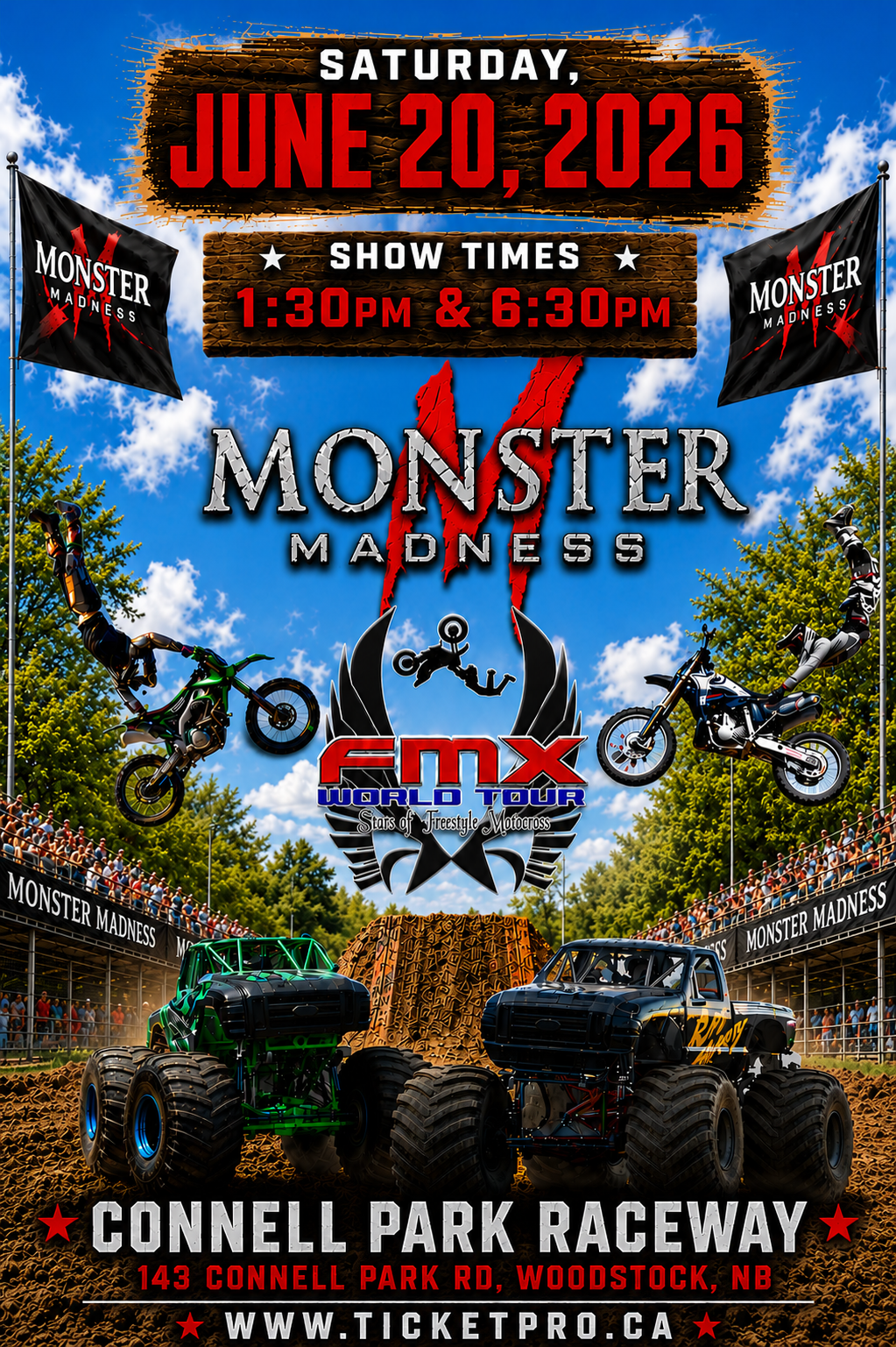 Monster Madness motocross event poster with dirt bikes, monster trucks, June 20, 2026, at Connell Park Raceway