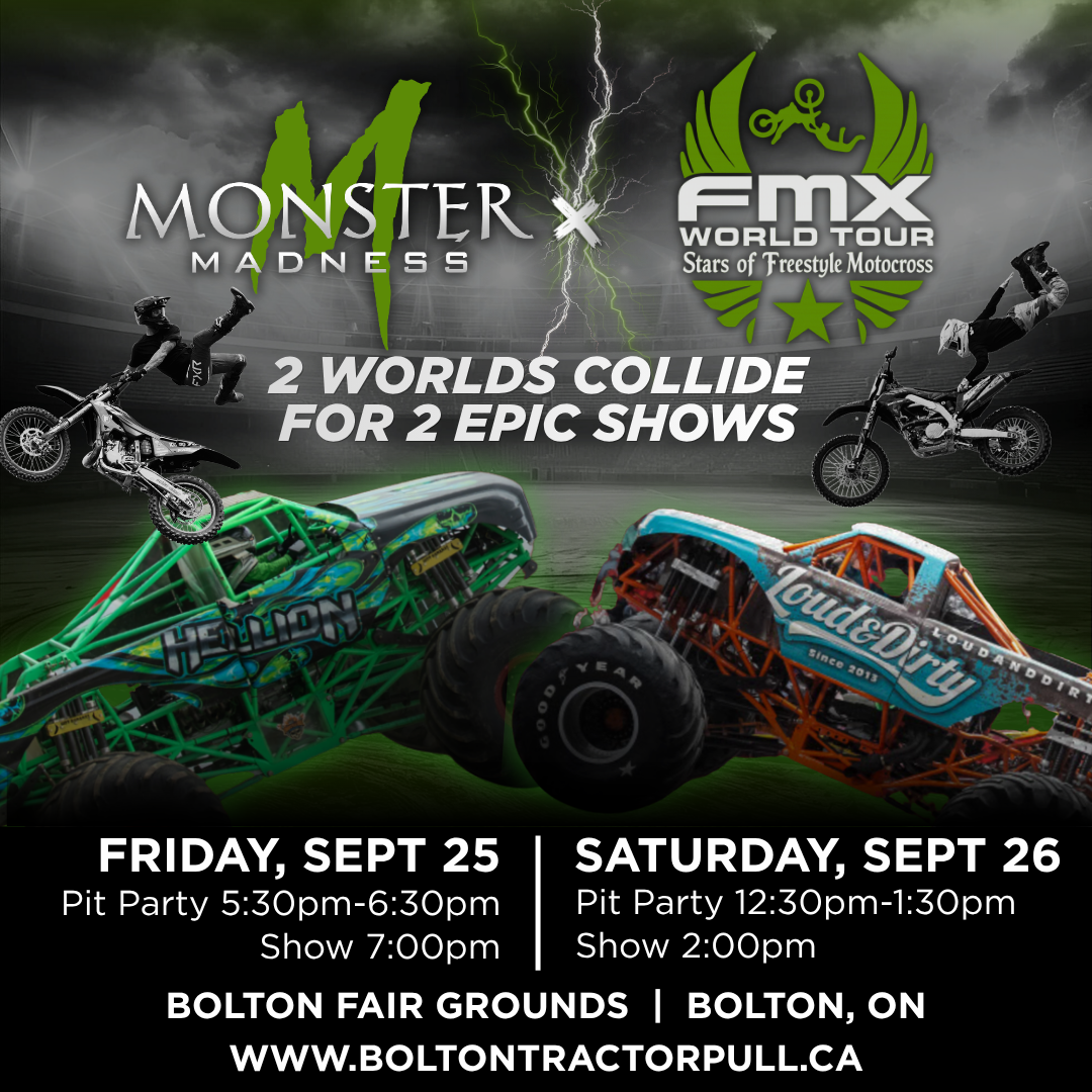 Monster Madness motocross event poster with dirt bikes, monster trucks, June 20, 2026, at Connell Park Raceway