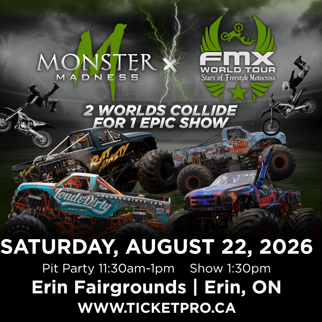 Monster Madness motocross event poster with dirt bikes, monster trucks, June 20, 2026, at Connell Park Raceway