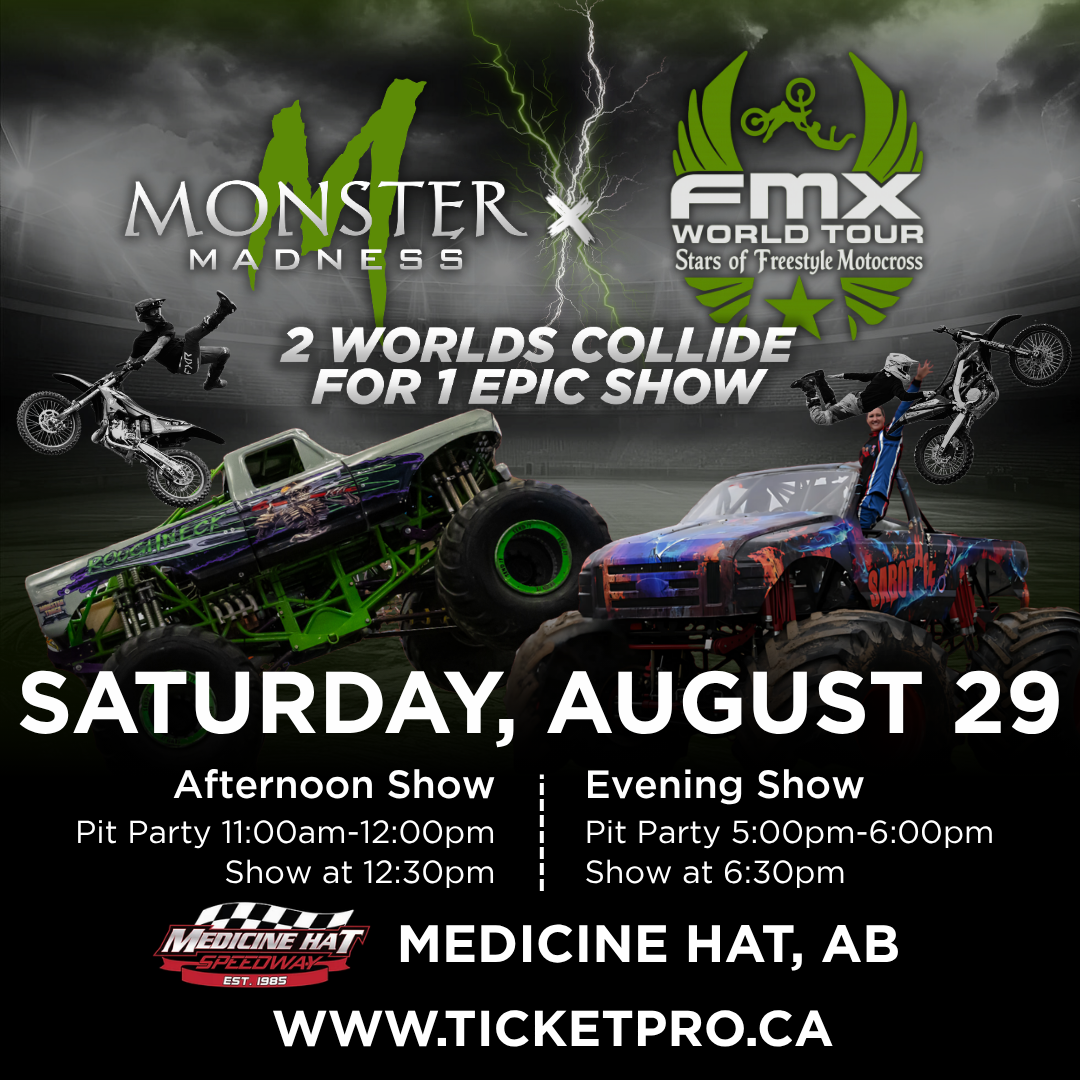 Monster Madness motocross event poster with dirt bikes, monster trucks, June 20, 2026, at Connell Park Raceway