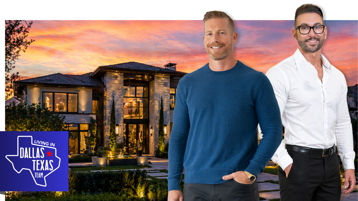 Two men in suits stand in front of a luxury home with a pool in Dallas, Texas.
