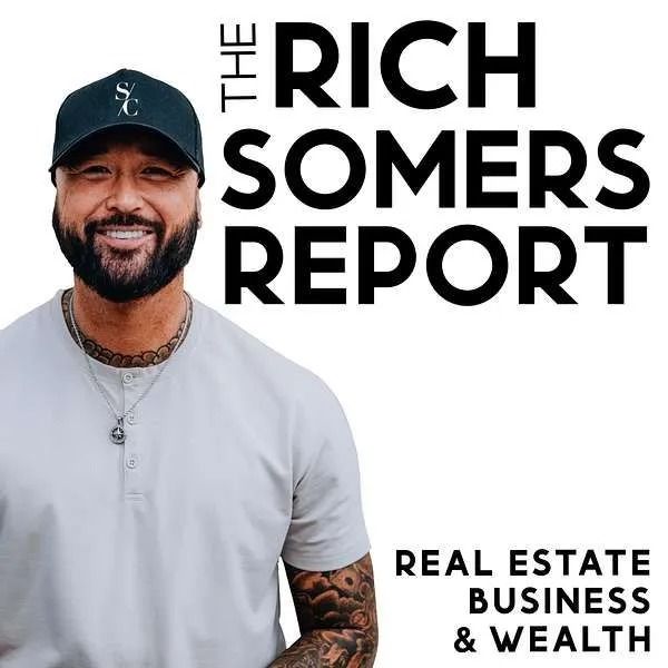 Man smiling in front of a podcast logo,