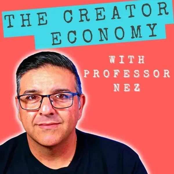 Podcast cover: Professor Nez, glasses, in front of red background with