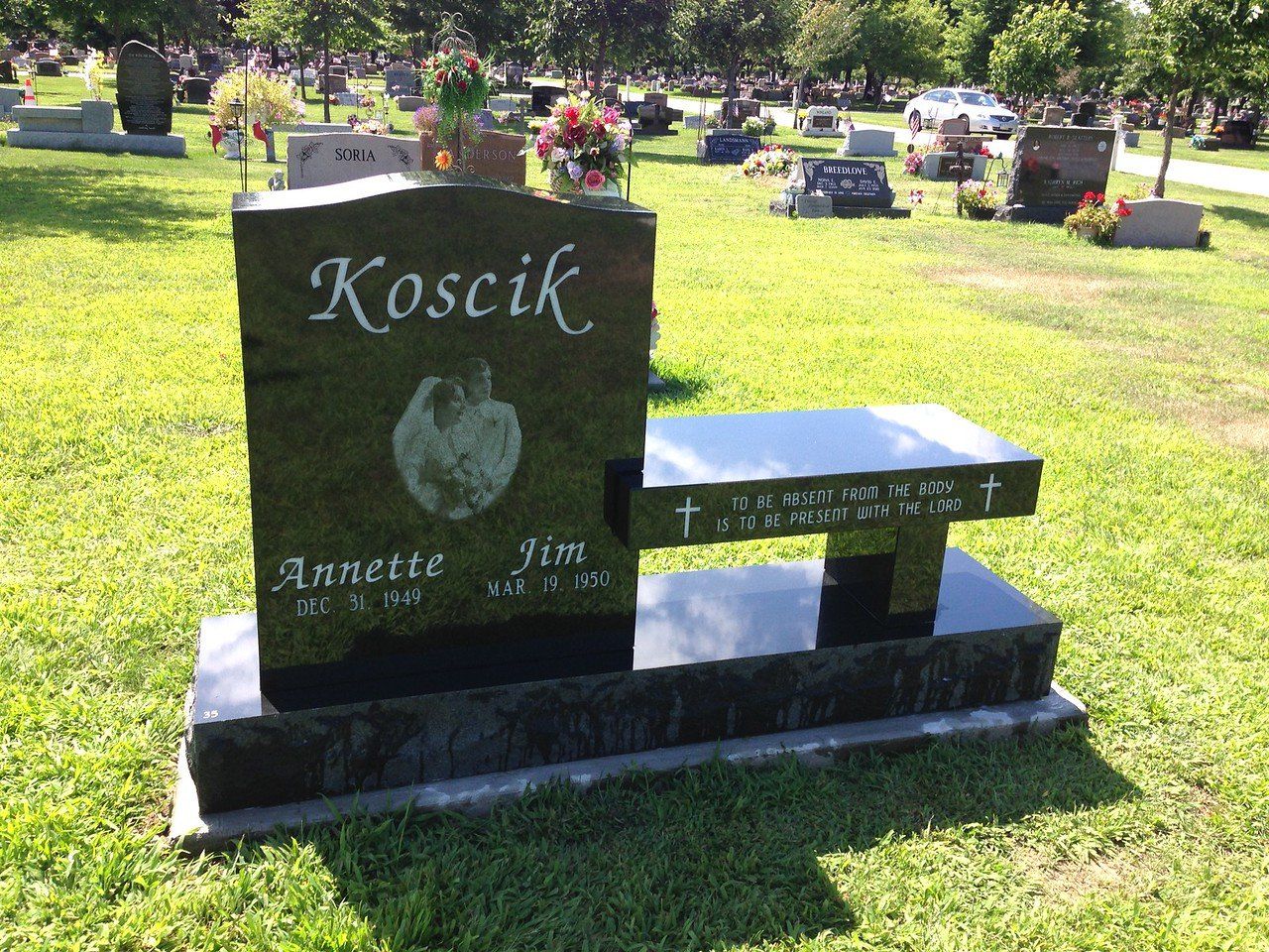 Plain Headstone Carve With Bench Monument — Willoughby, OH  —  Northcoast Memorials