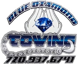 Blue Diamond Towing logo with a blue diamond in cupped hands, towing chain, and phone number.