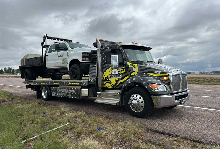 Tow truck with a white pickup truck on the flatbed, roadside. Cloudy sky.