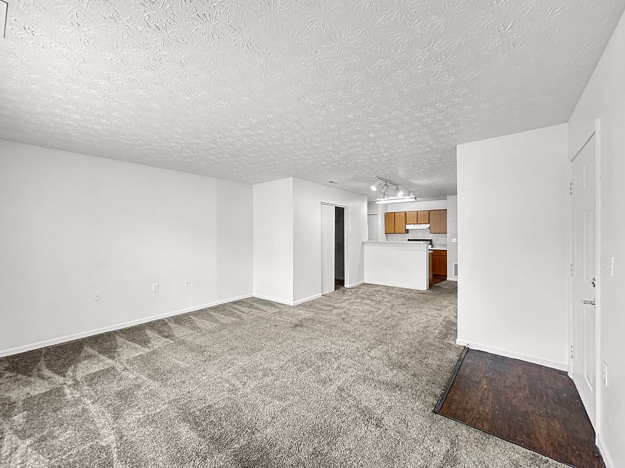 An empty living room with a carpeted floor and white walls.