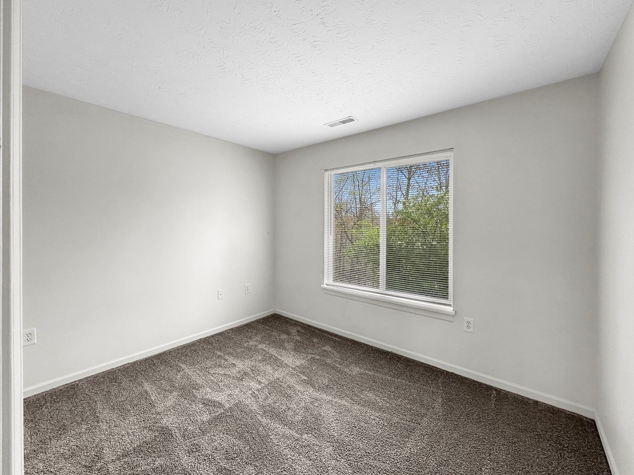 An empty bedroom with a window and carpet.