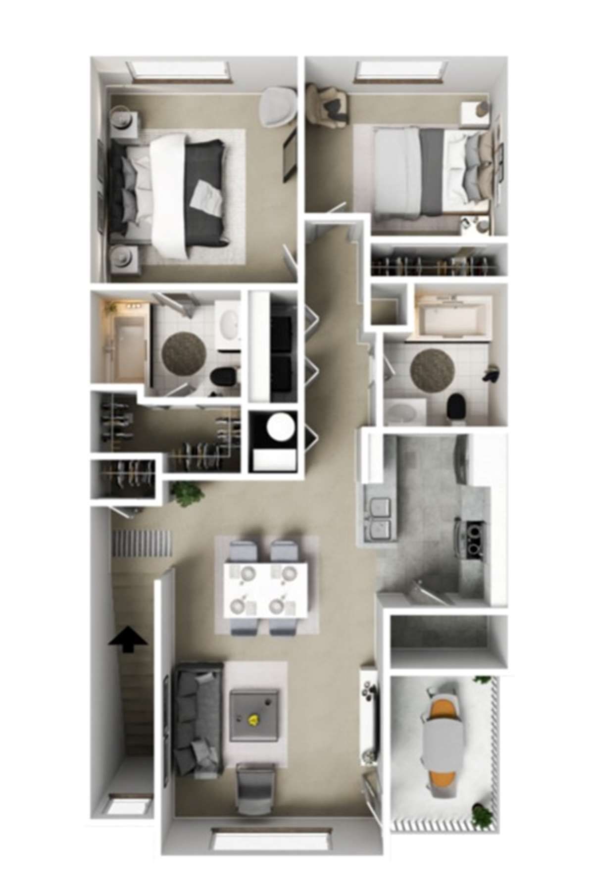 A 3d floor plan of a house with three bedrooms and a dining room.