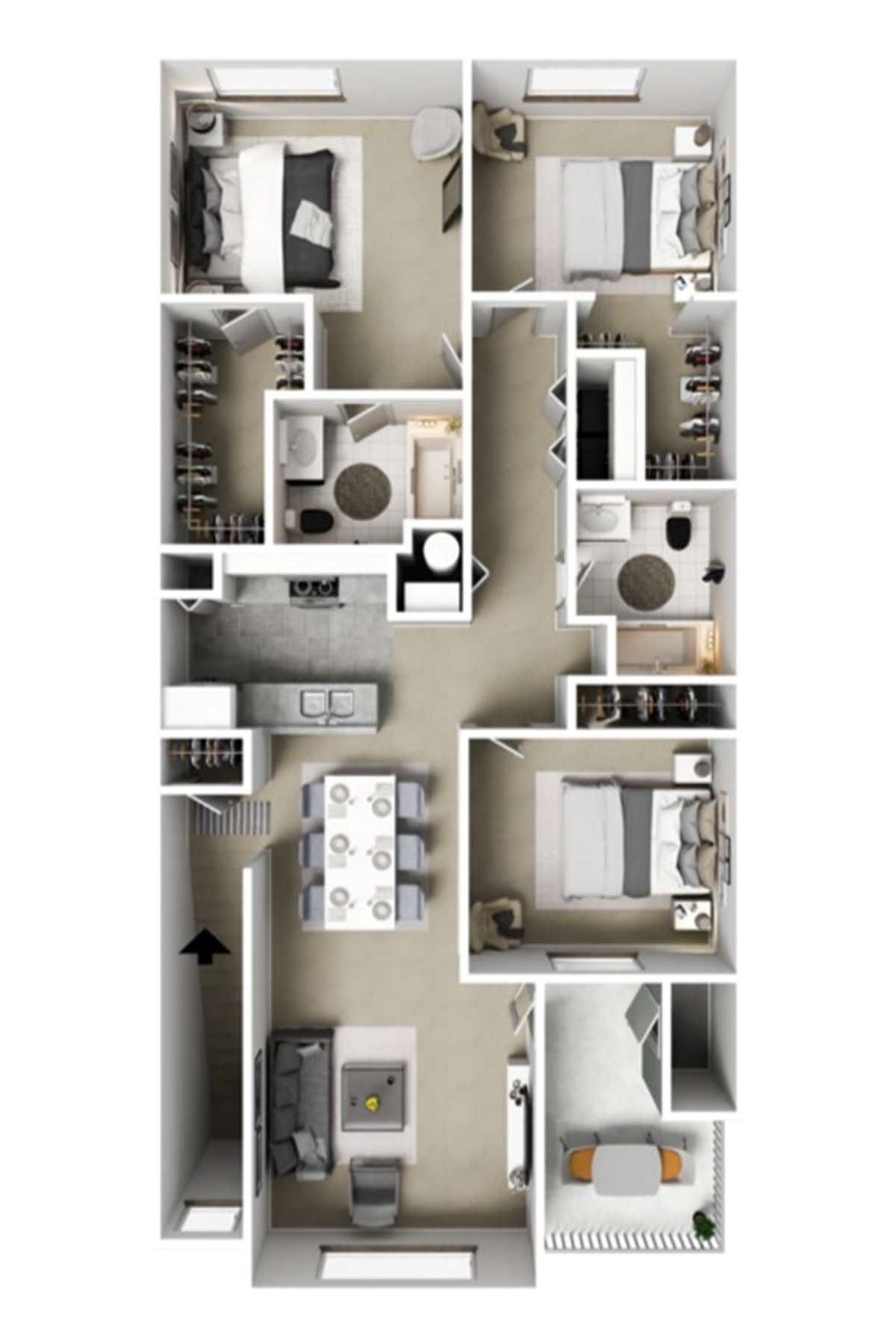 A 3d floor plan of a house with a lot of furniture.