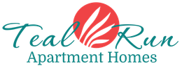 A logo for teal run apartment homes with a red sun in the middle.