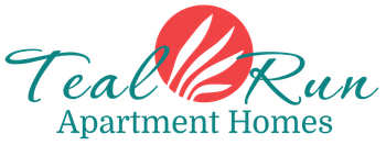 A logo for teal run apartment homes with a red sun in the middle.
