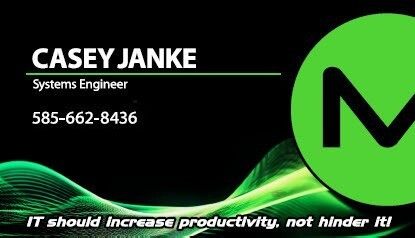 Business card for Casey Janke, Systems Engineer, with phone number on a black-and-green design.
