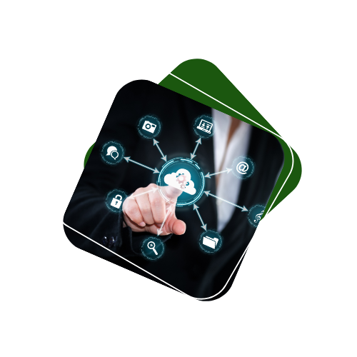 Woman in suit points at a cloud graphic connected to data icons.