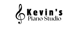 A black and white logo for kevin 's piano studio with a treble clef.