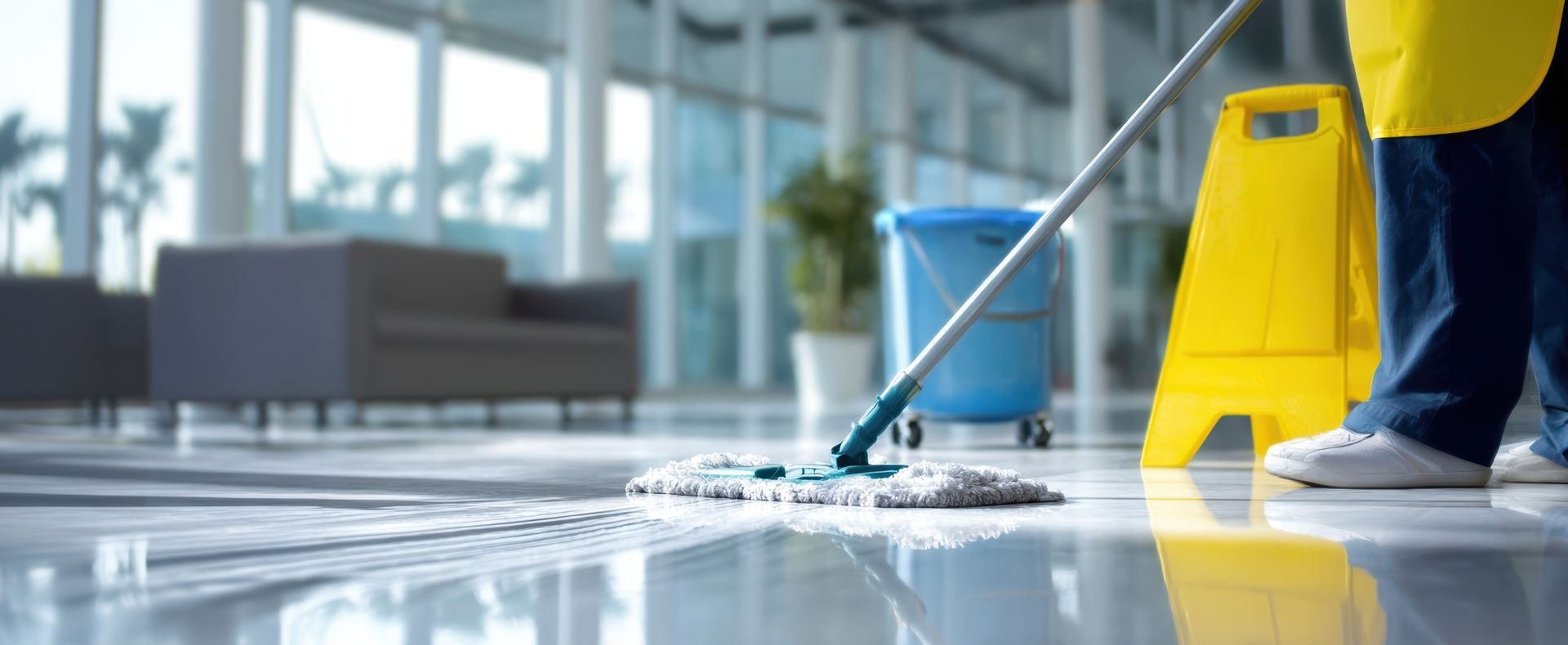 A professional cleaner mopping a shiny floor in a modern office space.