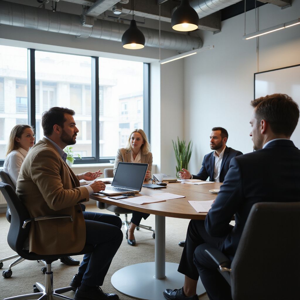 Personas vestidas con traje de negocios sentadas a una mesa de conferencias con documentos