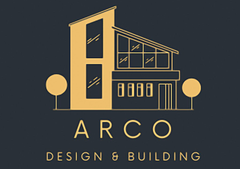 Logotipo para BEA Construcciones SAS con silueta de casa azul, herramientas y un óvalo gris.