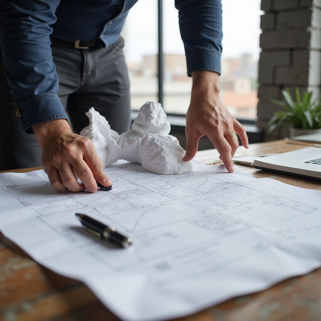Una persona examina planos, un modelo 3D y un bolígrafo sobre una mesa