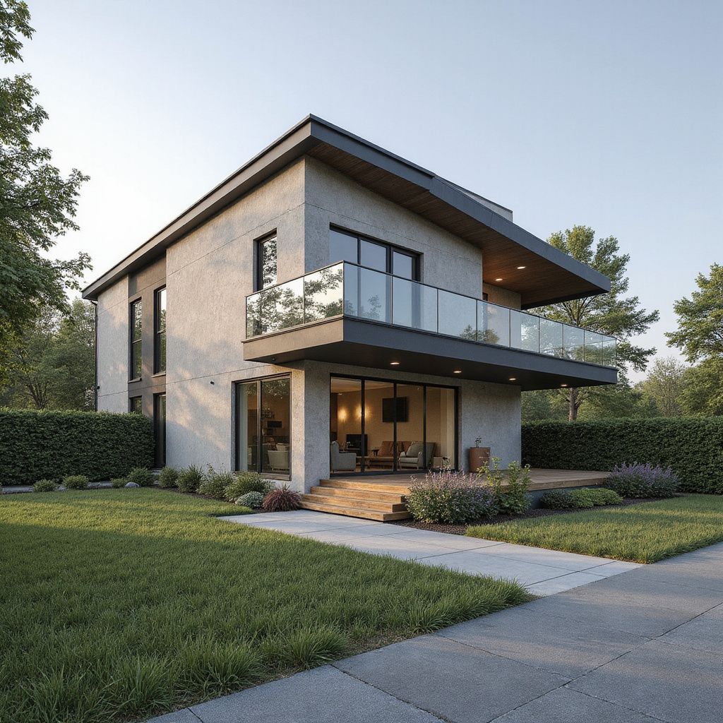 Moderna casa de dos plantas con balcón, fachada de hormigón, barandillas de cristal y jardín ajardinado.