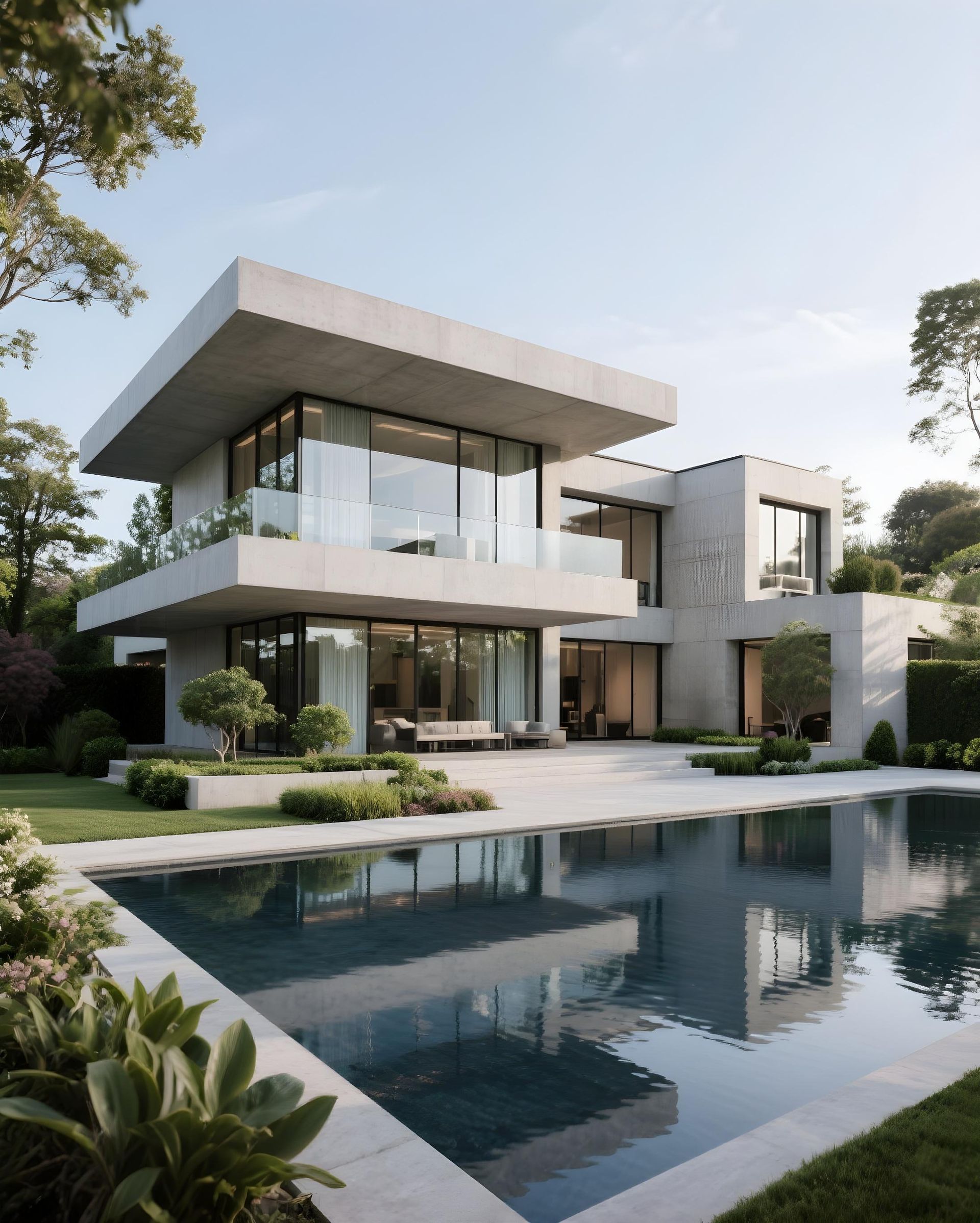 Moderna casa de hormigón con grandes ventanales que dan a una piscina, zonas verdes y cielo azul.