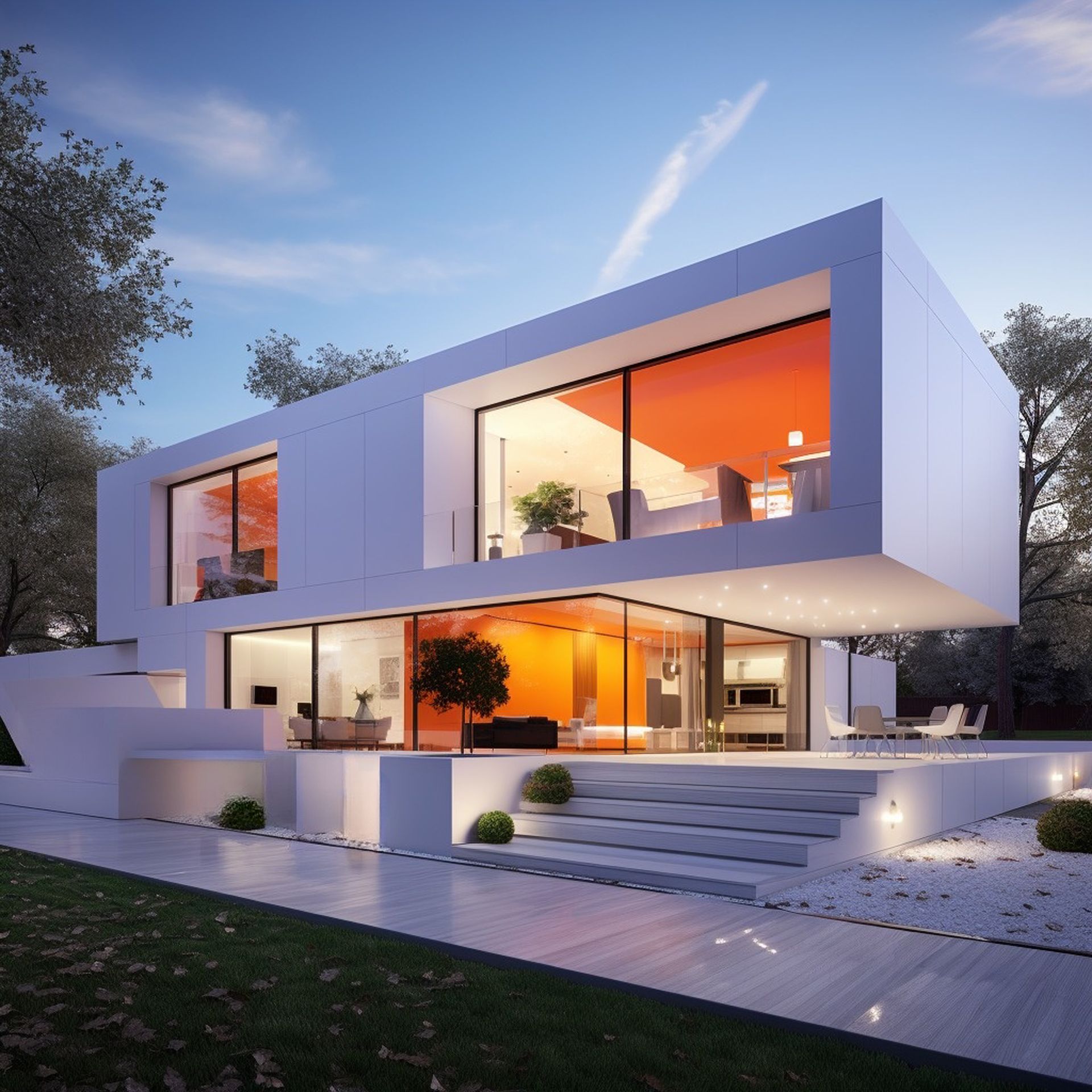 Moderna casa blanca con grandes ventanales, interior naranja y zona de estar al aire libre.