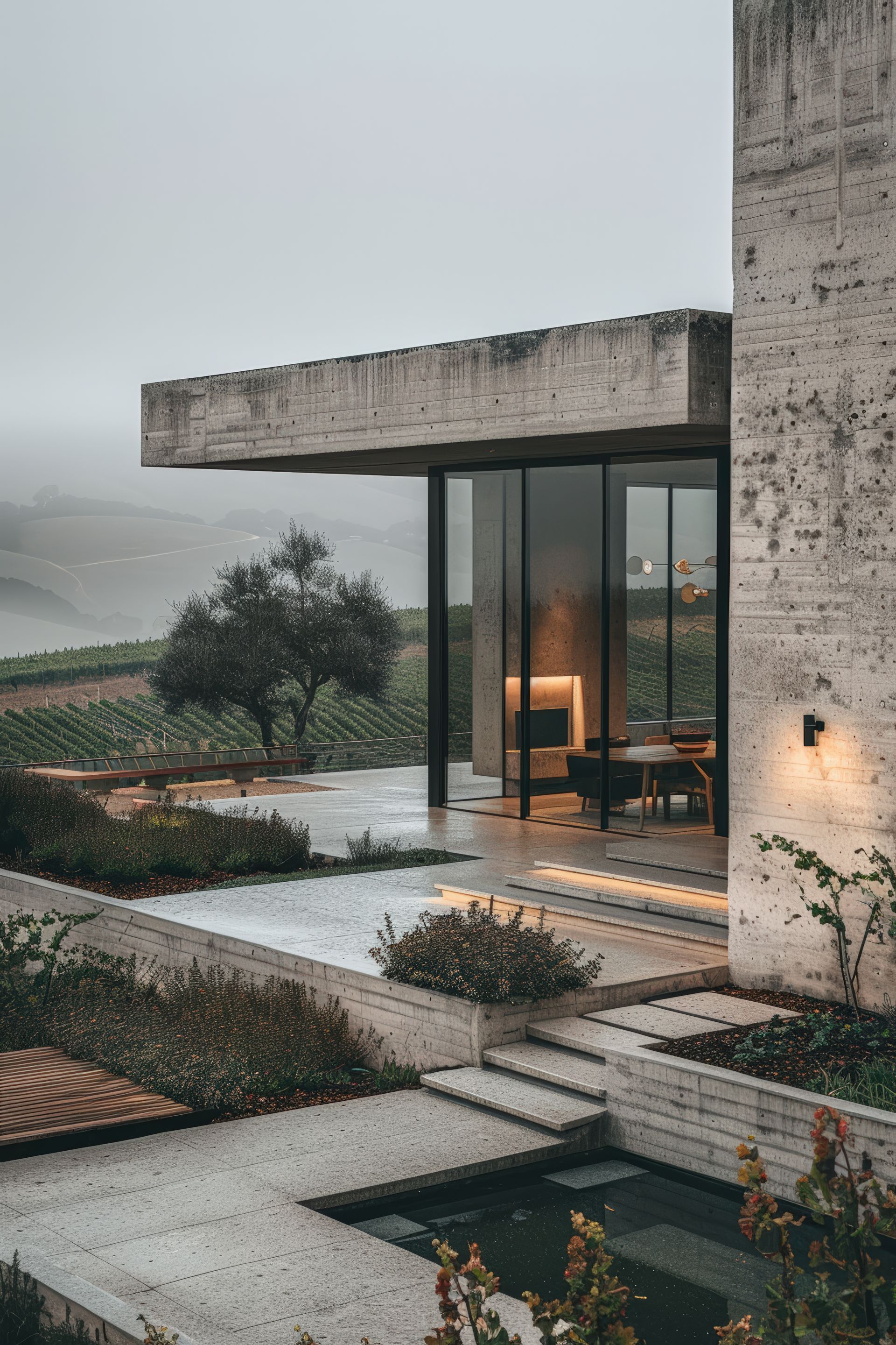 Edificio de hormigón con paredes de cristal que dan a un viñedo entre la niebla.