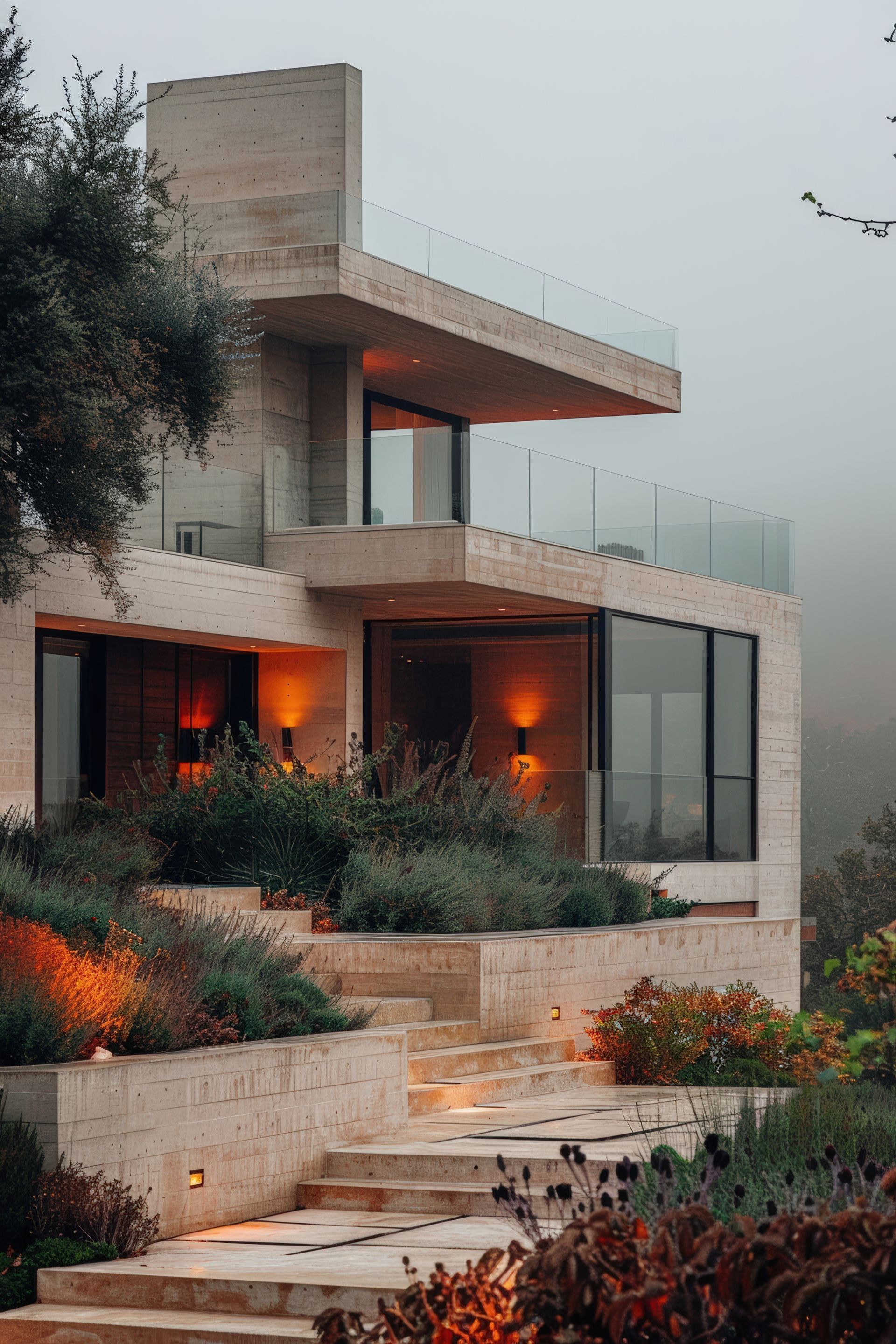 Moderna casa de hormigón con jardines escalonados, iluminada por luces cálidas y envuelta en niebla.