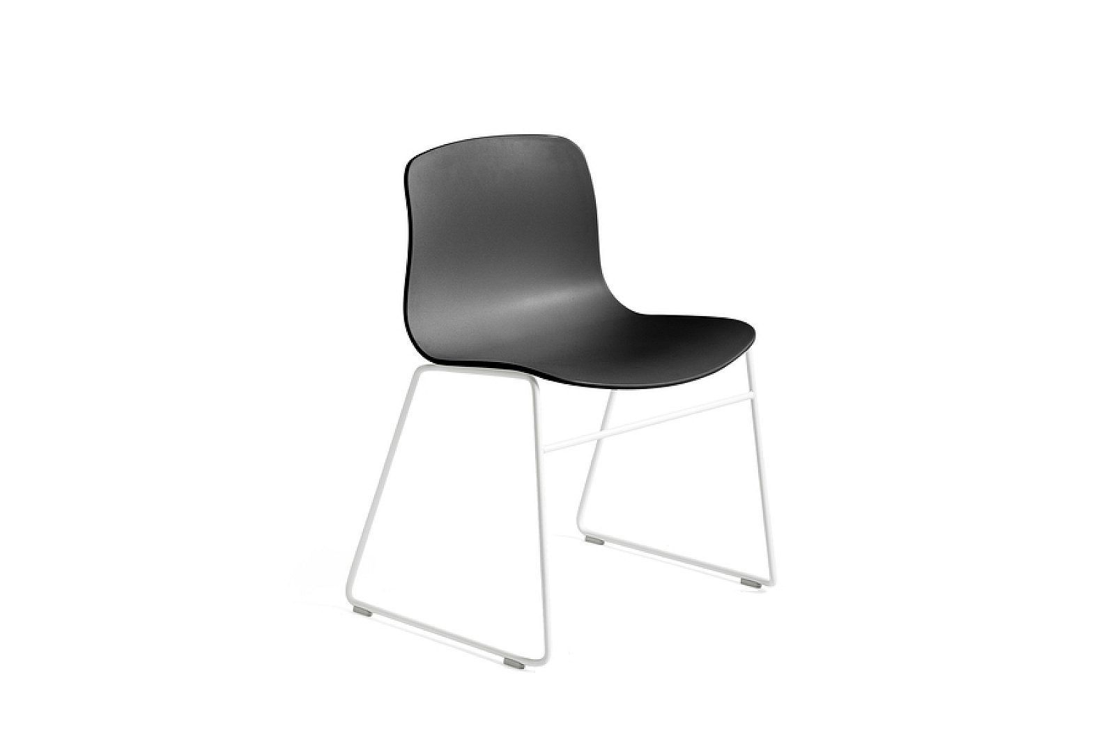 Black chair with white metal legs on a white background