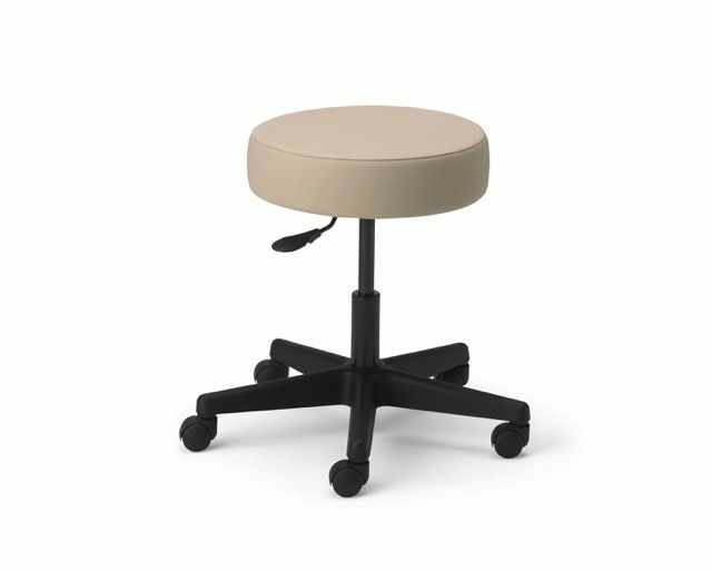 Beige cushioned rolling stool with chrome base and casters on a white background