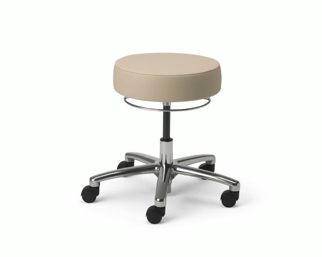 Beige cushioned rolling stool with chrome base and casters on a white background