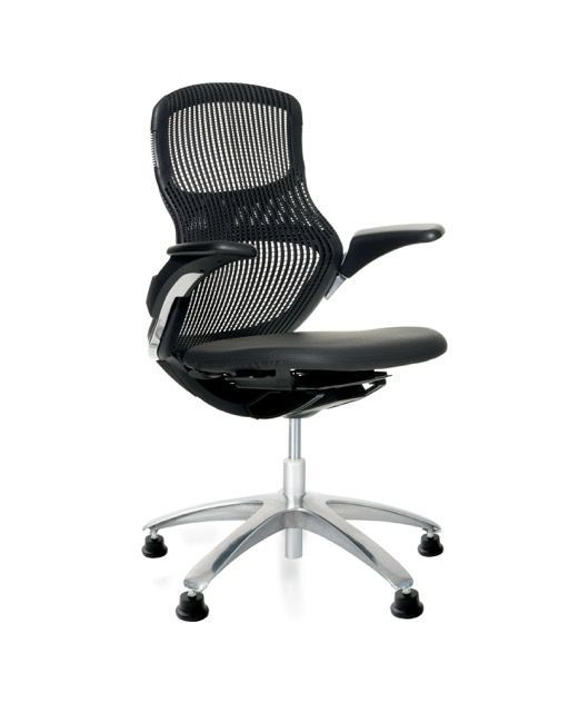 Blue mesh office chair with white frame and five-wheel base, shown front view