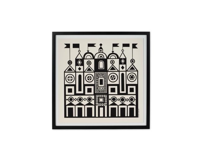 Black-and-white framed geometric building illustration with arches, domes, and flags