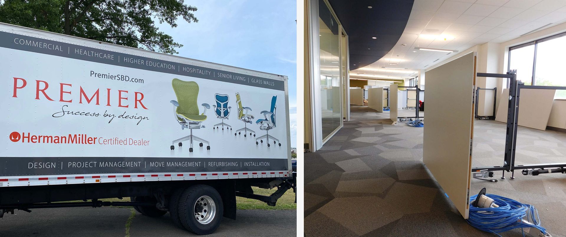 Delivery truck beside an indoor corridor with beige partitions and stacked bags at the entrance